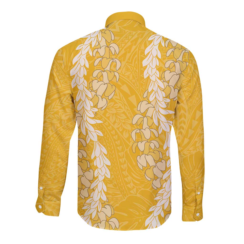 Puakenikeni and Maile Lei Long Sleeve Button Shirt Gold Double Strand Lei
