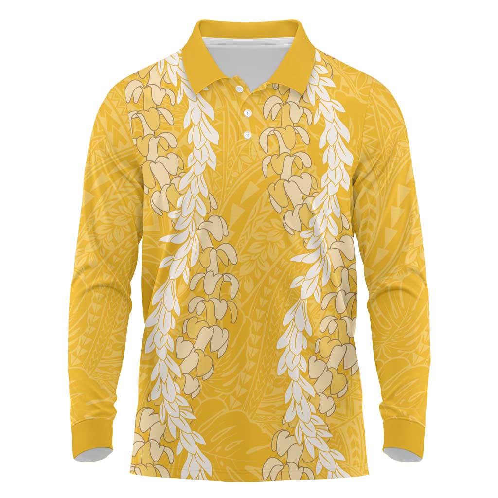 Puakenikeni and Maile Lei Long Sleeve Polo Shirt Gold Double Strand Lei