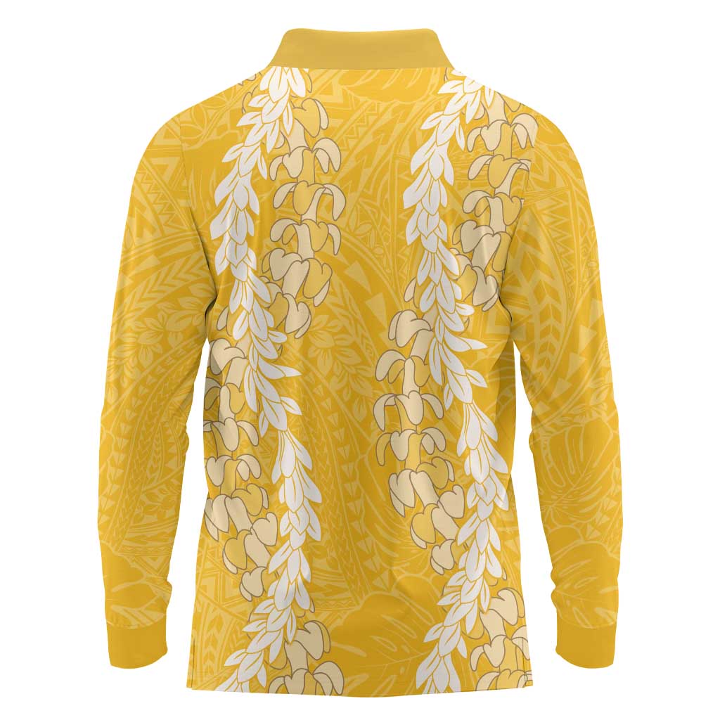 Puakenikeni and Maile Lei Long Sleeve Polo Shirt Gold Double Strand Lei