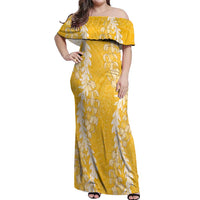 Puakenikeni and Maile Lei Off Shoulder Maxi Dress Gold Double Strand Lei