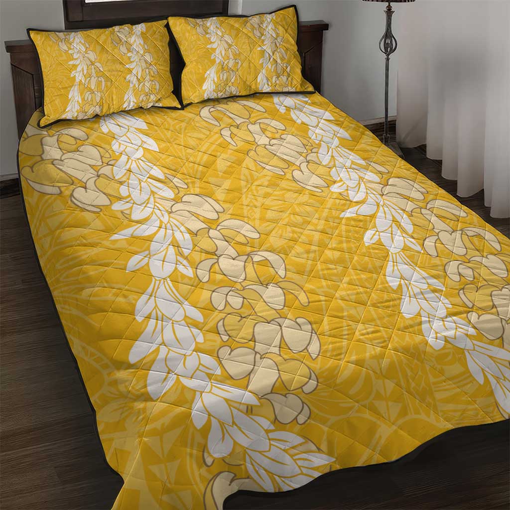 Puakenikeni and Maile Lei Quilt Bed Set Gold Double Strand Lei LT9 Gold - Polynesian Pride