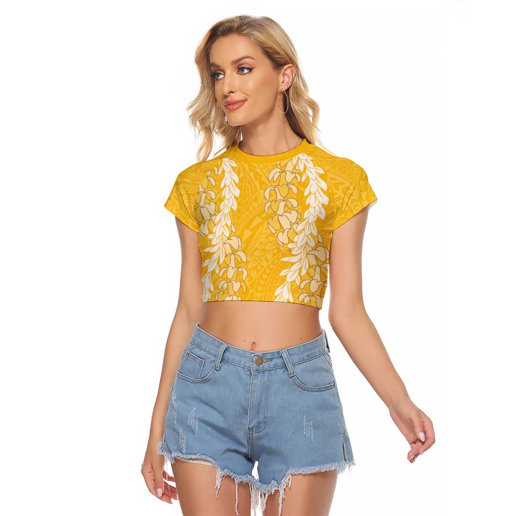 Puakenikeni and Maile Lei Raglan Cropped T Shirt Gold Double Strand Lei LT9 Female Gold - Polynesian Pride