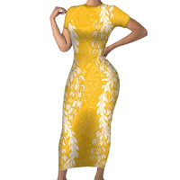 Puakenikeni and Maile Lei Short Sleeve Bodycon Dress Gold Double Strand Lei