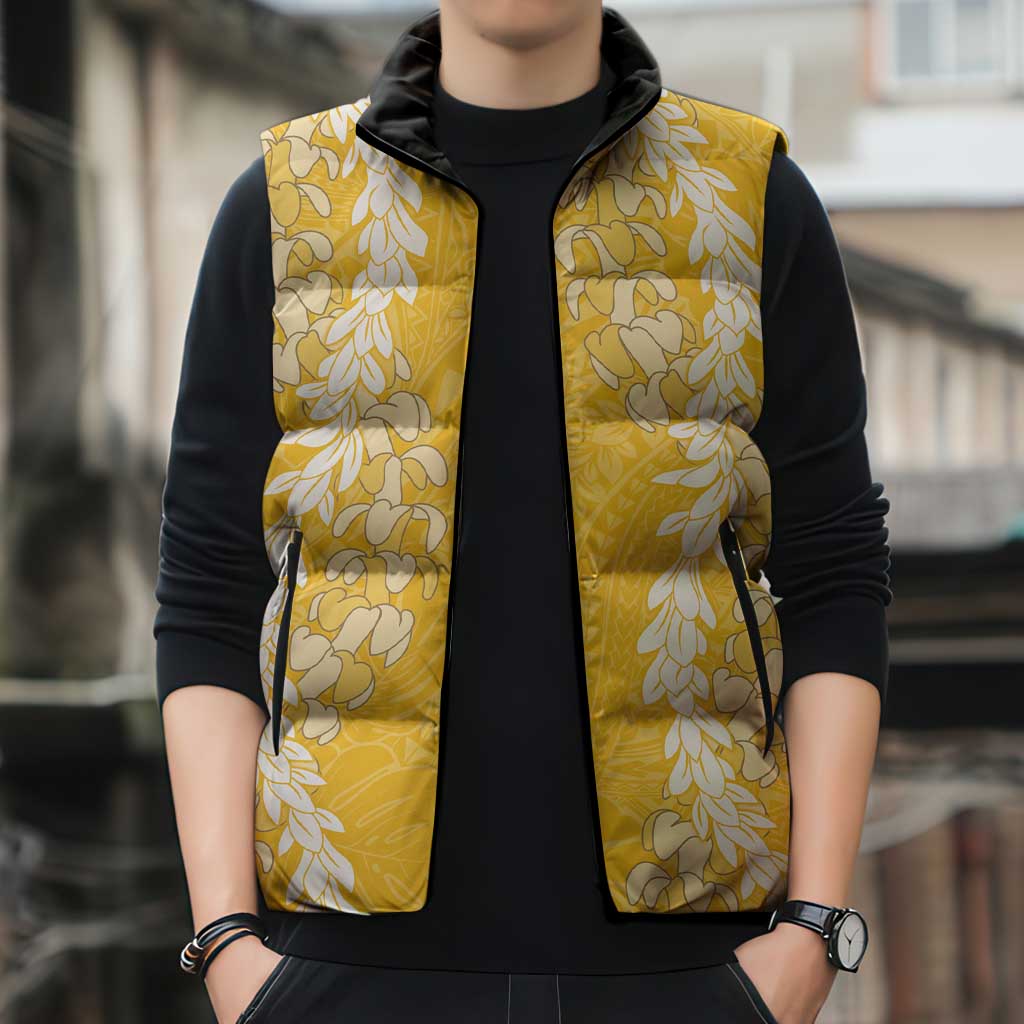 Puakenikeni and Maile Lei Sleeveless Puffer Jacket Gold Double Strand Lei - Polynesian Pride