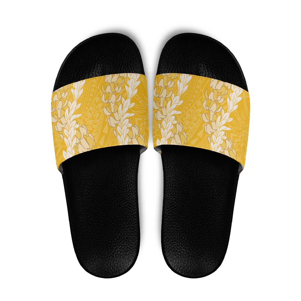 Puakenikeni and Maile Lei Slide Sandals Gold Double Strand Lei - Polynesian Pride