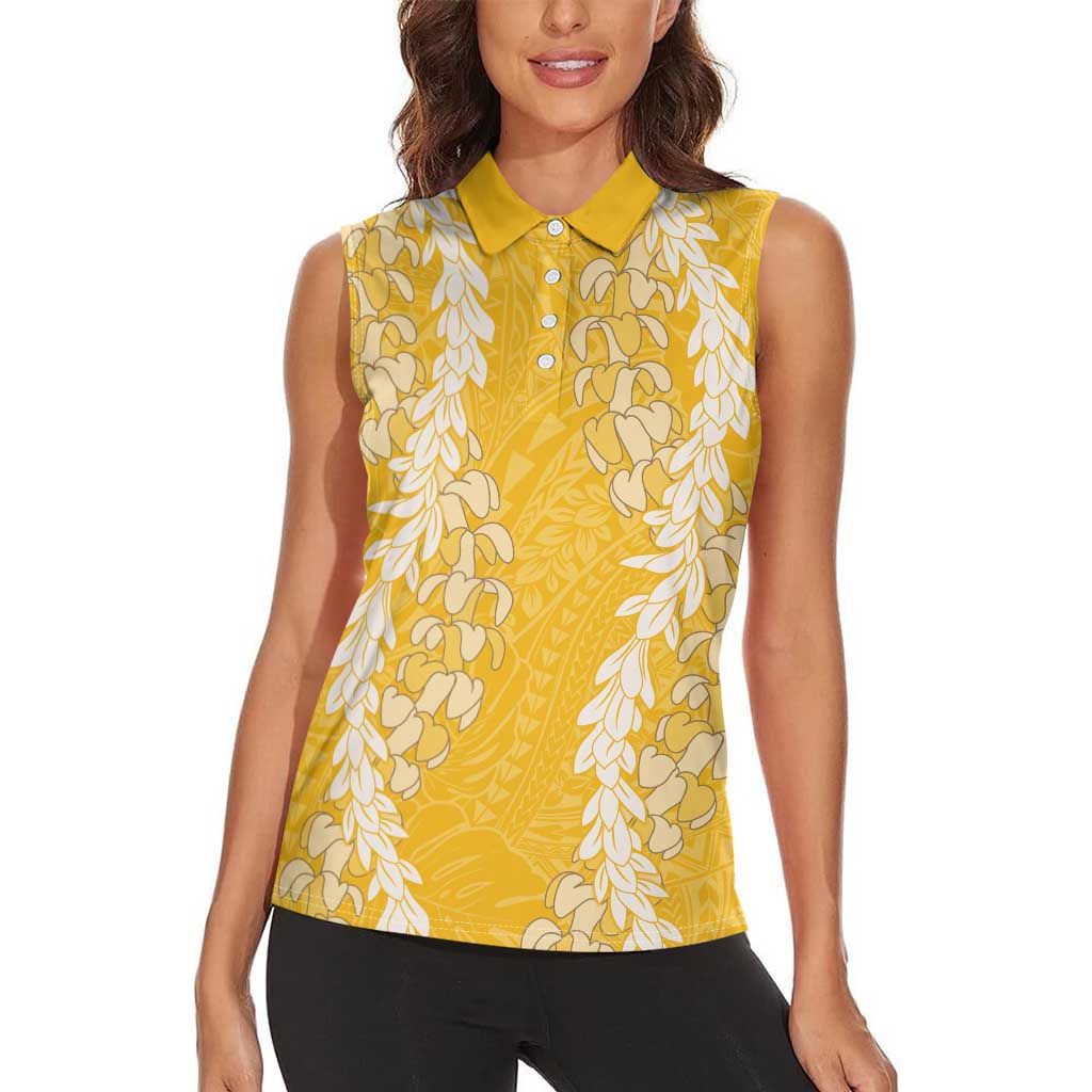 Puakenikeni and Maile Lei Women Sleeveless Polo Shirt Gold Double Strand Lei