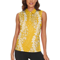 Puakenikeni and Maile Lei Women Sleeveless Polo Shirt Gold Double Strand Lei