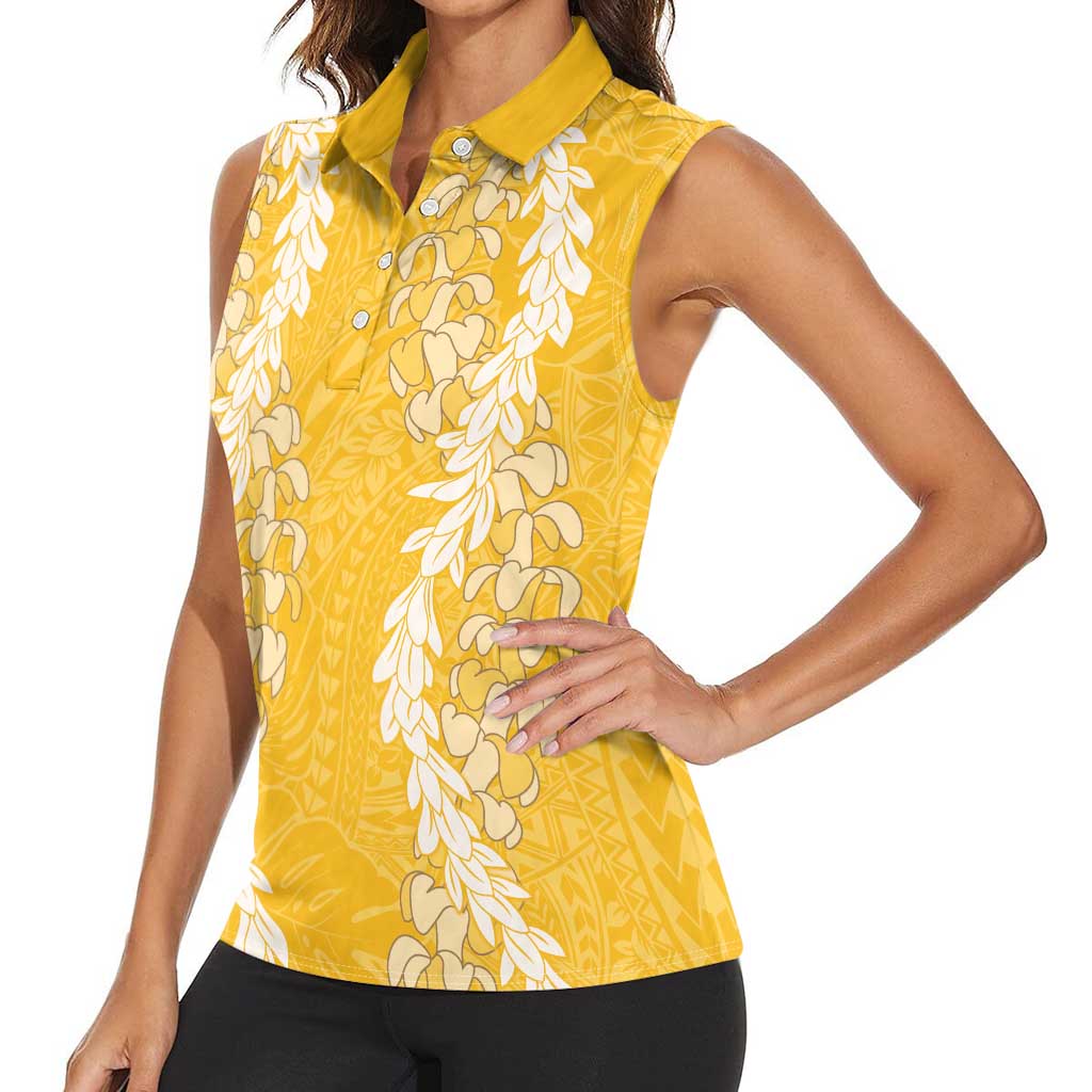 Puakenikeni and Maile Lei Women Sleeveless Polo Shirt Gold Double Strand Lei