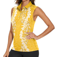 Puakenikeni and Maile Lei Women Sleeveless Polo Shirt Gold Double Strand Lei