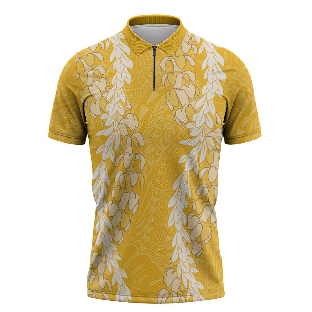 Puakenikeni and Maile Lei Zipper Polo Shirt Gold Double Strand Lei - Polynesian Pride