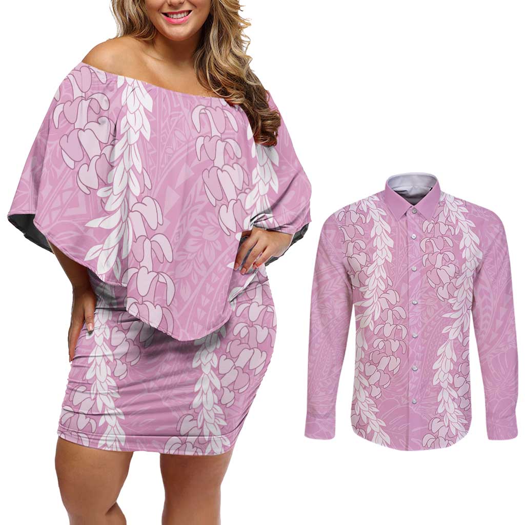 Puakenikeni and Maile Lei Couples Matching Off Shoulder Short Dress and Long Sleeve Button Shirt Pink Double Strand Lei