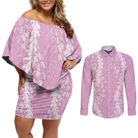 Puakenikeni and Maile Lei Couples Matching Off Shoulder Short Dress and Long Sleeve Button Shirt Pink Double Strand Lei