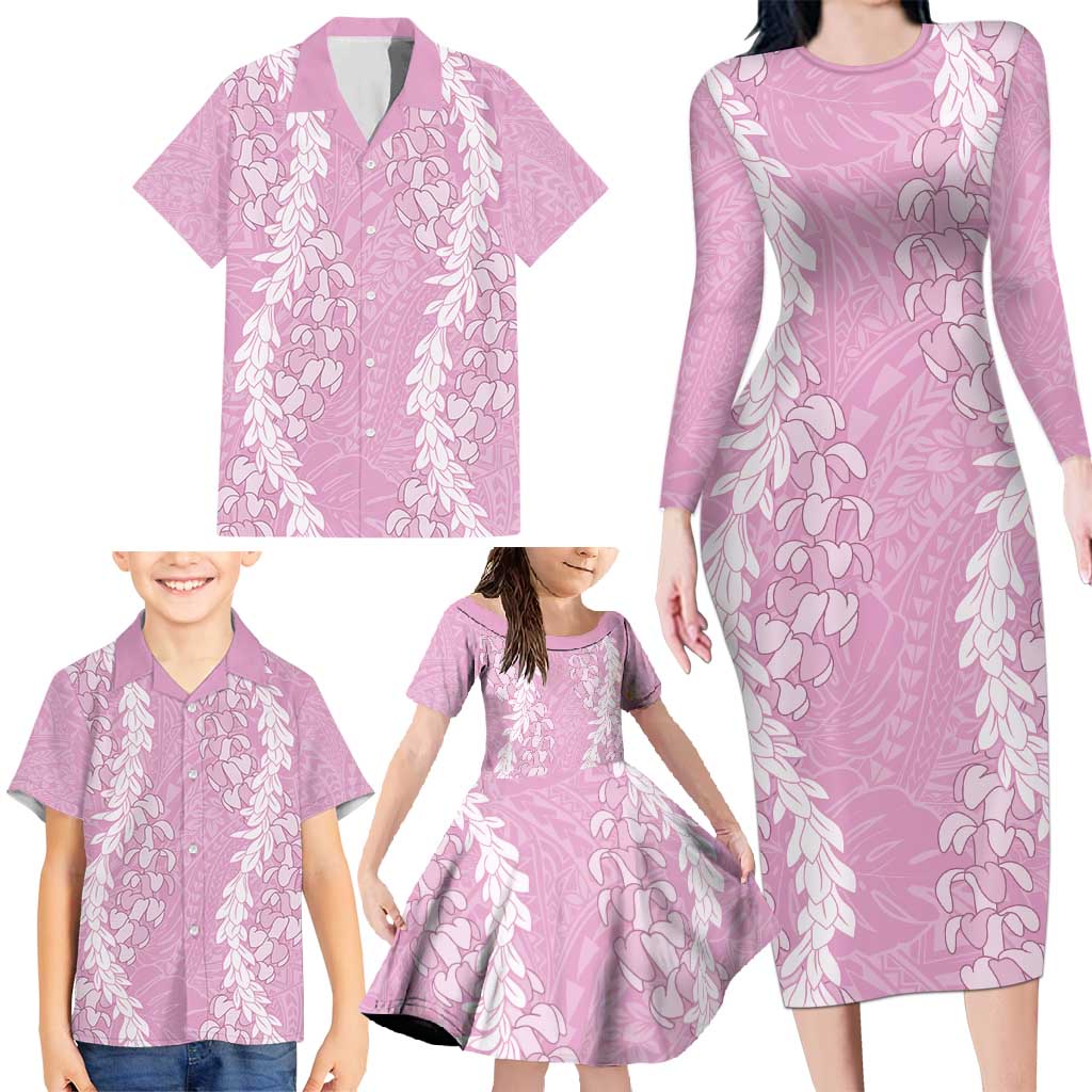 Puakenikeni and Maile Lei Family Matching Long Sleeve Bodycon Dress and Hawaiian Shirt Pink Double Strand Lei