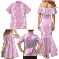 Puakenikeni and Maile Lei Family Matching Mermaid Dress and Hawaiian Shirt Pink Double Strand Lei