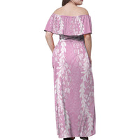 Puakenikeni and Maile Lei Family Matching Off Shoulder Maxi Dress and Hawaiian Shirt Pink Double Strand Lei