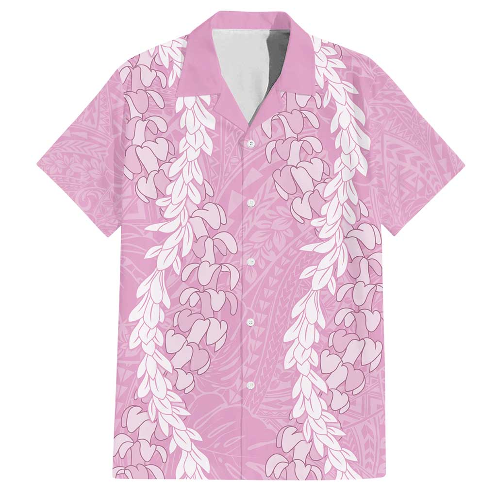 Puakenikeni and Maile Lei Family Matching Puletasi and Hawaiian Shirt Pink Double Strand Lei