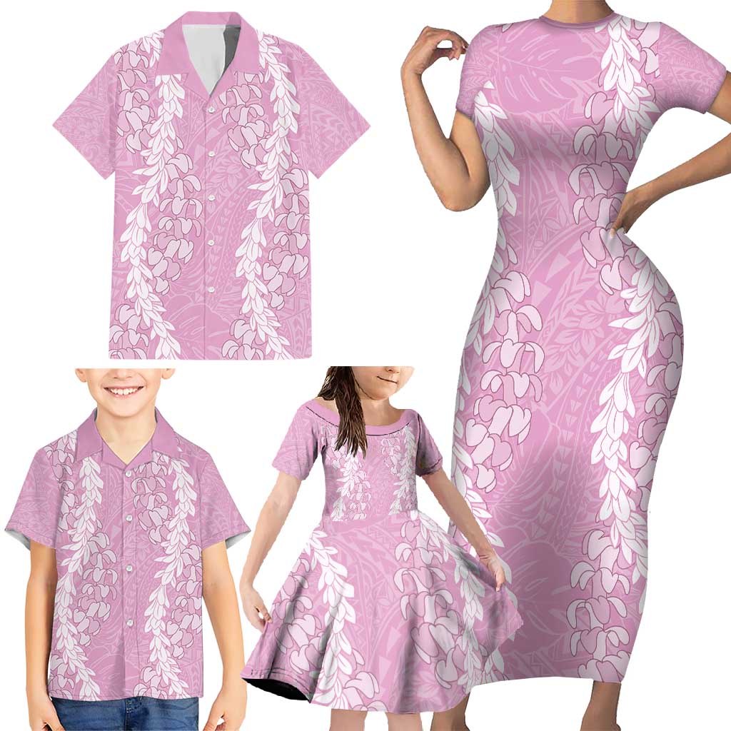 Puakenikeni and Maile Lei Family Matching Short Sleeve Bodycon Dress and Hawaiian Shirt Pink Double Strand Lei