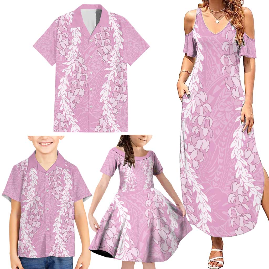 Puakenikeni and Maile Lei Family Matching Summer Maxi Dress and Hawaiian Shirt Pink Double Strand Lei