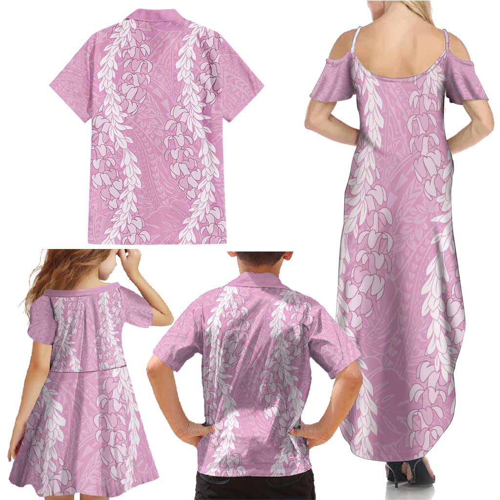 Puakenikeni and Maile Lei Family Matching Summer Maxi Dress and Hawaiian Shirt Pink Double Strand Lei