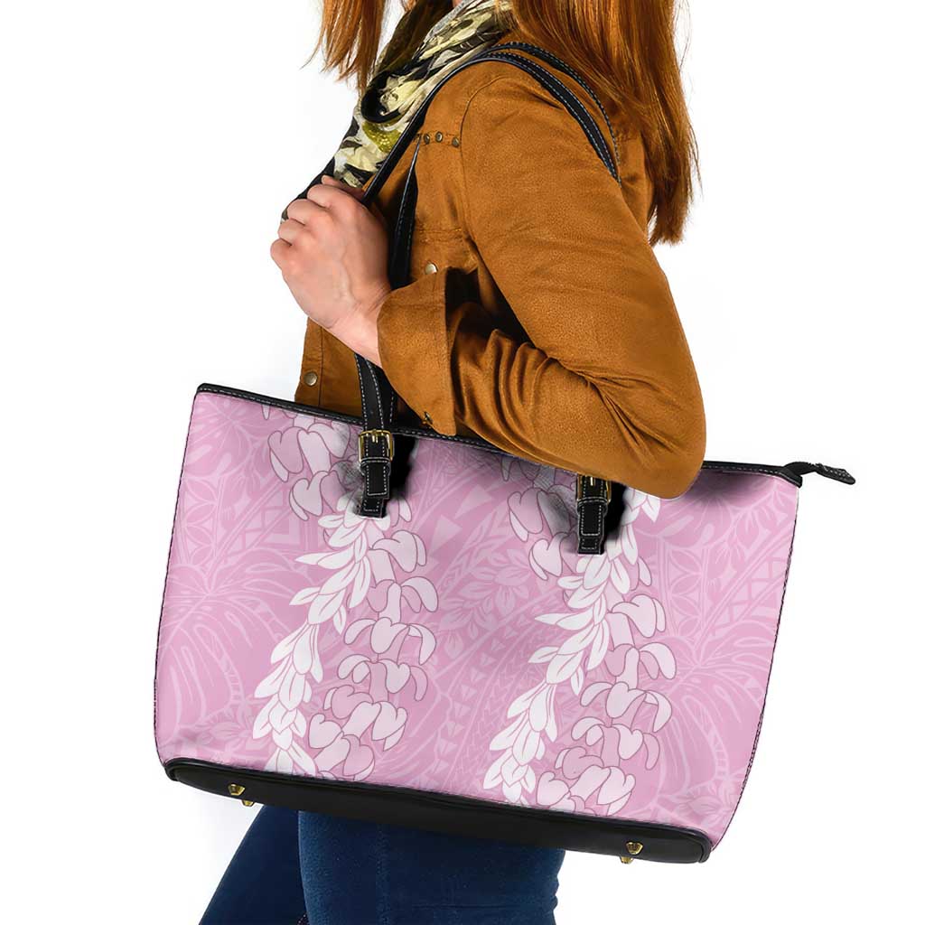 Puakenikeni and Maile Lei Leather Tote Bag Pink Double Strand Lei LT9 Pink - Polynesian Pride