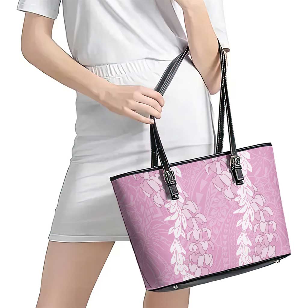 Puakenikeni and Maile Lei Leather Tote Bag Pink Double Strand Lei