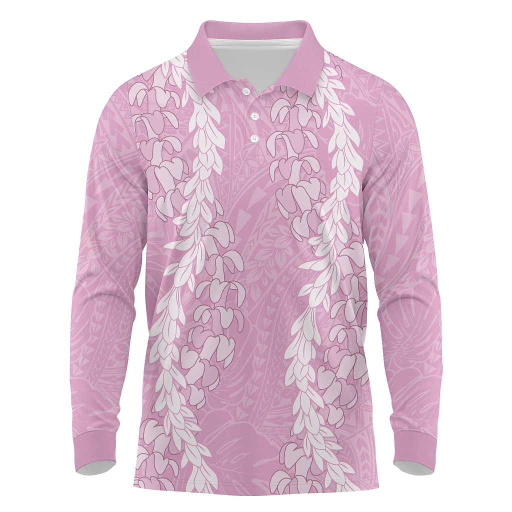 Puakenikeni and Maile Lei Long Sleeve Polo Shirt Pink Double Strand Lei