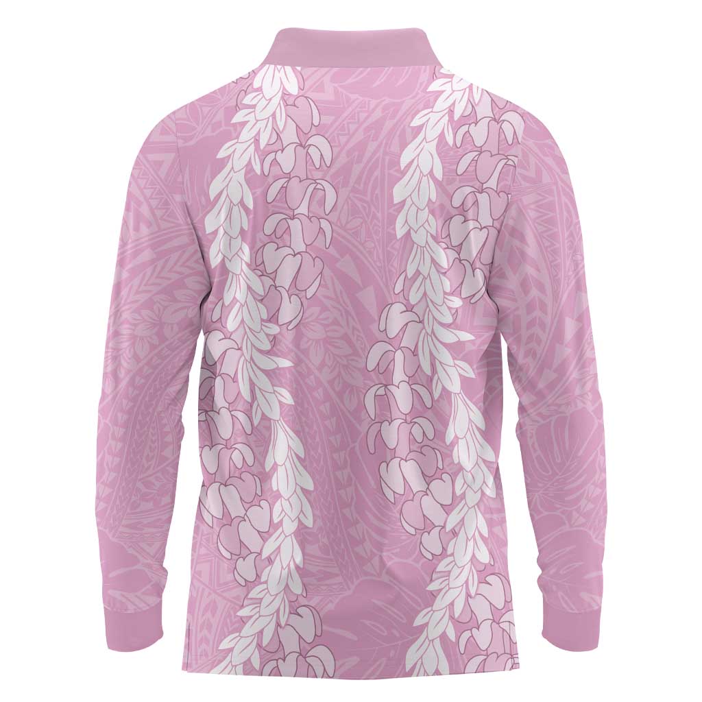 Puakenikeni and Maile Lei Long Sleeve Polo Shirt Pink Double Strand Lei