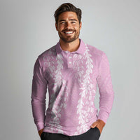 Puakenikeni and Maile Lei Long Sleeve Polo Shirt Pink Double Strand Lei