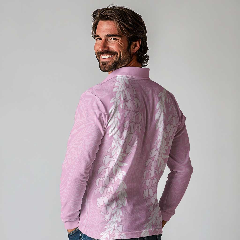 Puakenikeni and Maile Lei Long Sleeve Polo Shirt Pink Double Strand Lei