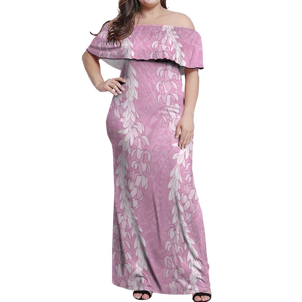 Puakenikeni and Maile Lei Off Shoulder Maxi Dress Pink Double Strand Lei