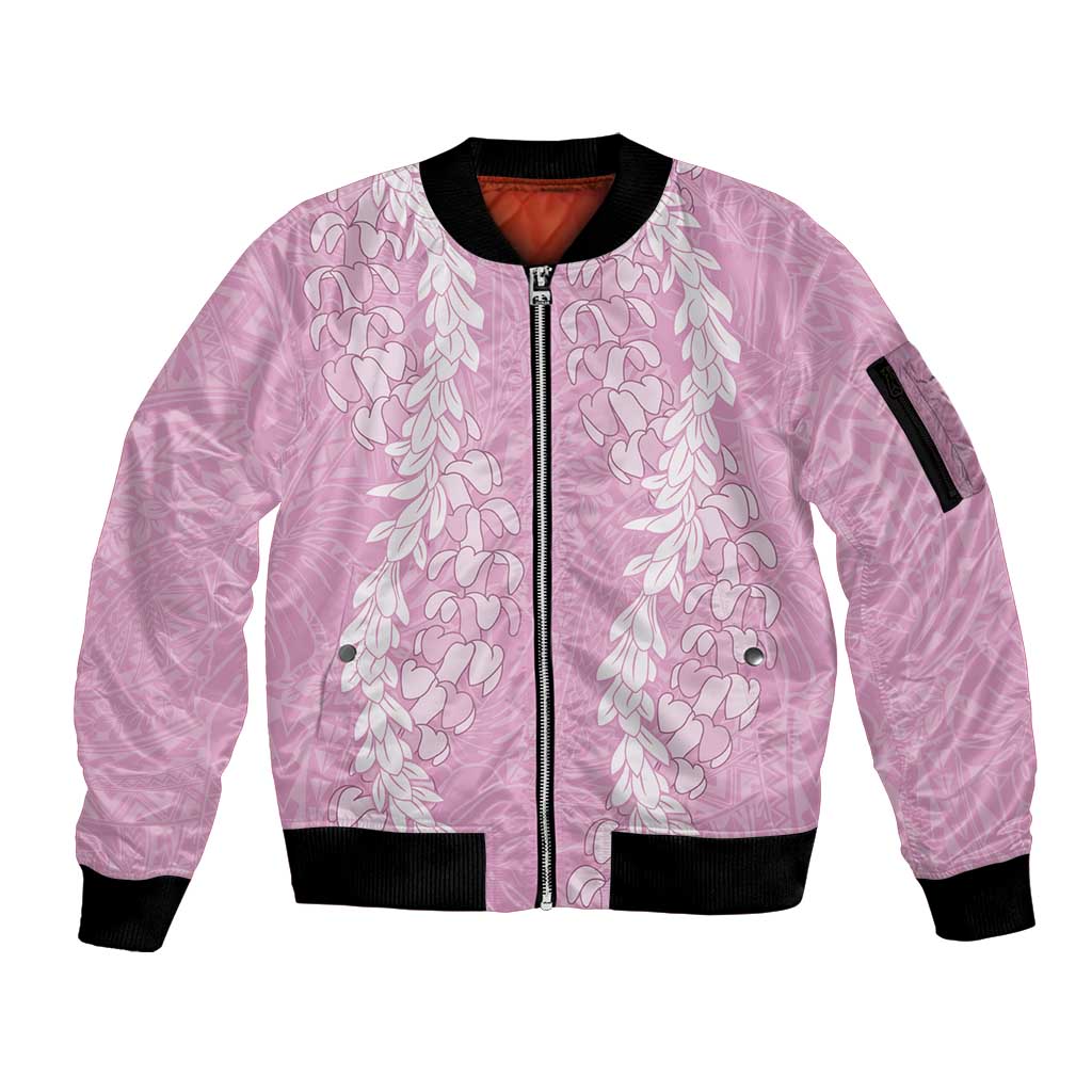 Puakenikeni and Maile Lei Sleeve Zip Bomber Jacket Pink Double Strand Lei LT9 Unisex Pink - Polynesian Pride