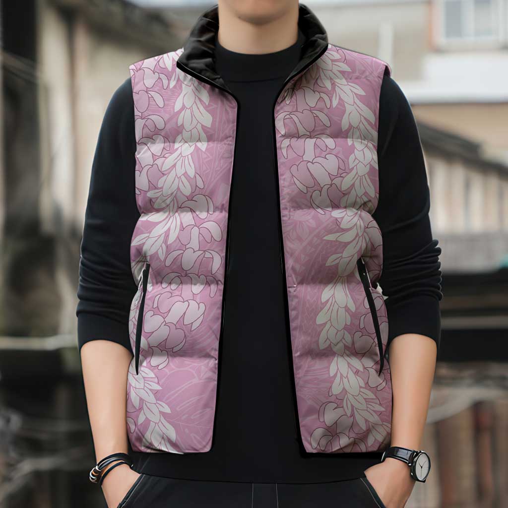 Puakenikeni and Maile Lei Sleeveless Puffer Jacket Pink Double Strand Lei - Polynesian Pride