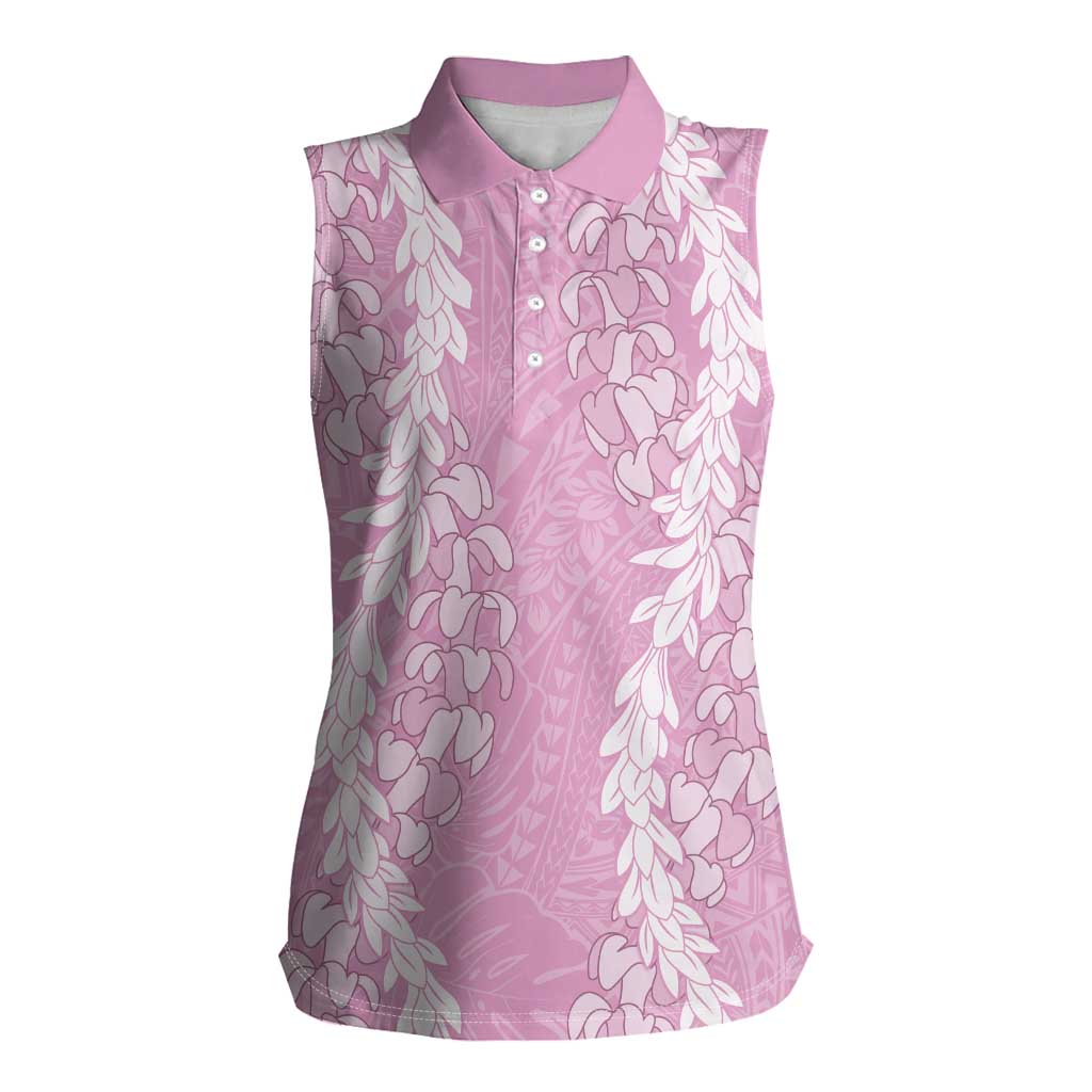 Puakenikeni and Maile Lei Women Sleeveless Polo Shirt Pink Double Strand Lei