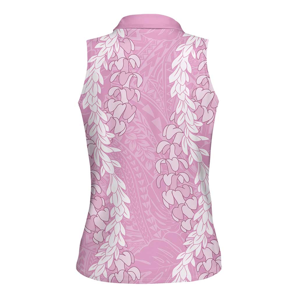 Puakenikeni and Maile Lei Women Sleeveless Polo Shirt Pink Double Strand Lei