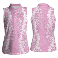 Puakenikeni and Maile Lei Women Sleeveless Polo Shirt Pink Double Strand Lei
