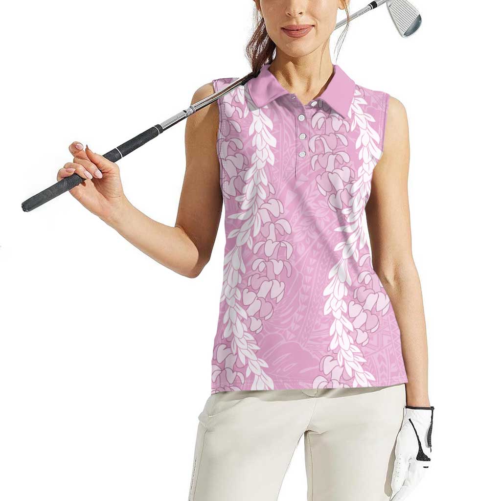 Puakenikeni and Maile Lei Women Sleeveless Polo Shirt Pink Double Strand Lei