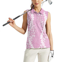 Puakenikeni and Maile Lei Women Sleeveless Polo Shirt Pink Double Strand Lei