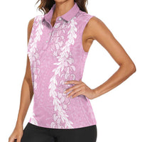 Puakenikeni and Maile Lei Women Sleeveless Polo Shirt Pink Double Strand Lei