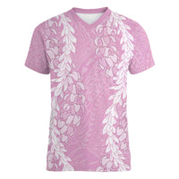 Puakenikeni and Maile Lei Women V-Neck T-Shirt Pink Double Strand Lei