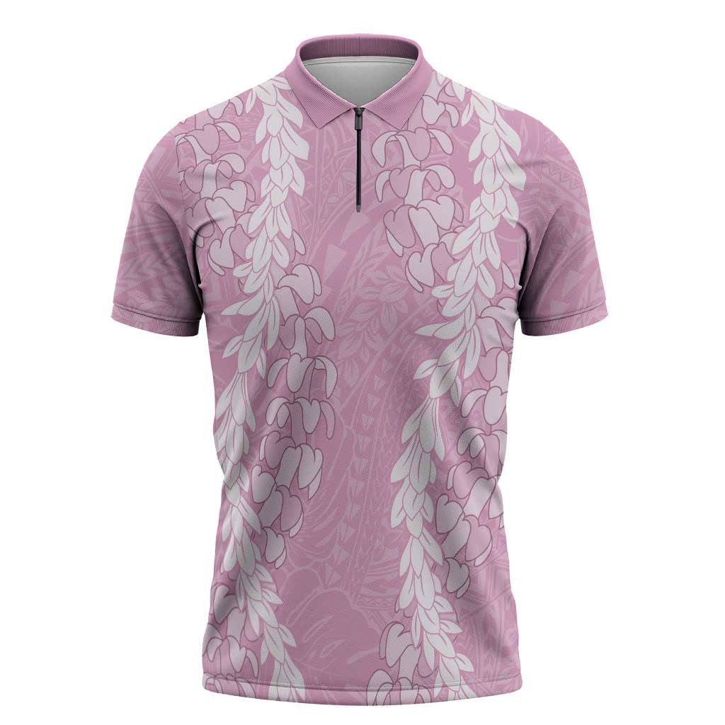 Puakenikeni and Maile Lei Zipper Polo Shirt Pink Double Strand Lei - Polynesian Pride