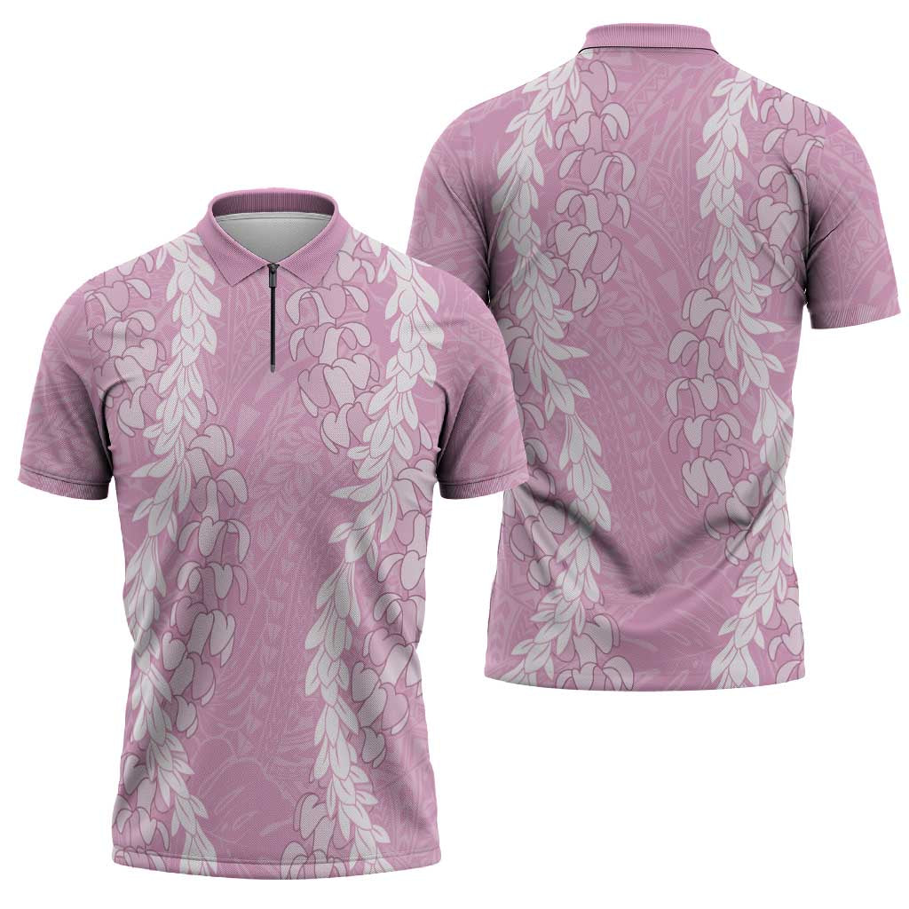 Puakenikeni and Maile Lei Zipper Polo Shirt Pink Double Strand Lei LT9 - Polynesian Pride