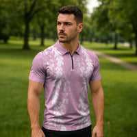 Puakenikeni and Maile Lei Zipper Polo Shirt Pink Double Strand Lei LT9 - Polynesian Pride
