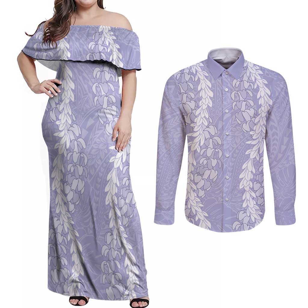 Puakenikeni and Maile Lei Couples Matching Off Shoulder Maxi Dress and Long Sleeve Button Shirt Purple Double Strand Lei