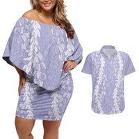 Puakenikeni and Maile Lei Couples Matching Off Shoulder Short Dress and Hawaiian Shirt Purple Double Strand Lei
