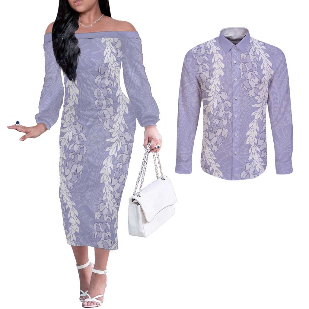 Puakenikeni and Maile Lei Couples Matching Off The Shoulder Long Sleeve Dress and Long Sleeve Button Shirt Purple Double Strand Lei