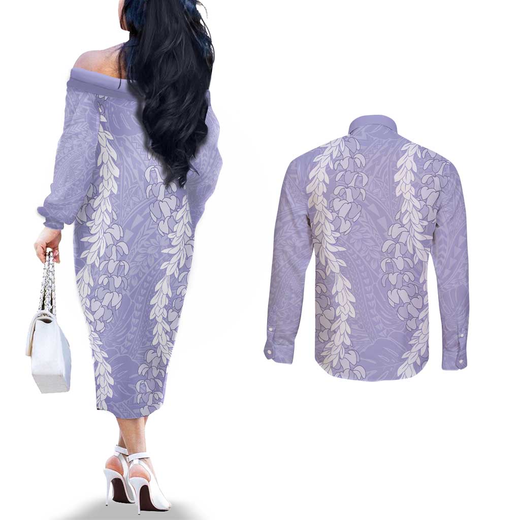 Puakenikeni and Maile Lei Couples Matching Off The Shoulder Long Sleeve Dress and Long Sleeve Button Shirt Purple Double Strand Lei
