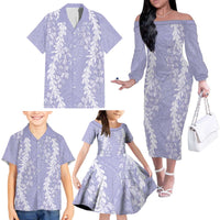 Puakenikeni and Maile Lei Family Matching Off The Shoulder Long Sleeve Dress and Hawaiian Shirt Purple Double Strand Lei