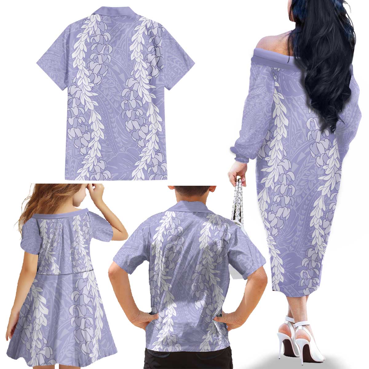 Puakenikeni and Maile Lei Family Matching Off The Shoulder Long Sleeve Dress and Hawaiian Shirt Purple Double Strand Lei