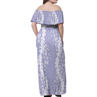 Puakenikeni and Maile Lei Family Matching Off Shoulder Maxi Dress and Hawaiian Shirt Purple Double Strand Lei