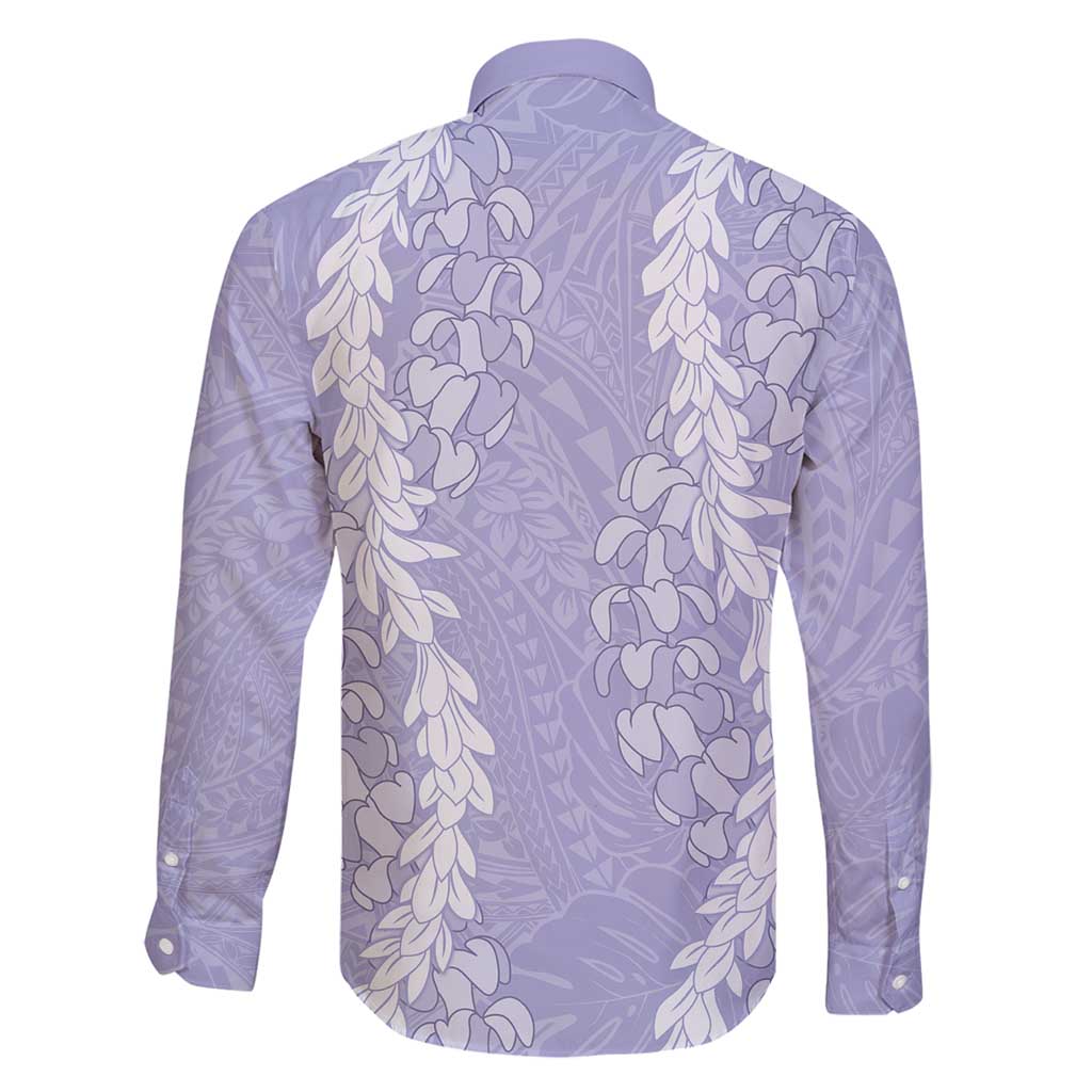 Puakenikeni and Maile Lei Family Matching Off Shoulder Short Dress and Hawaiian Shirt Purple Double Strand Lei